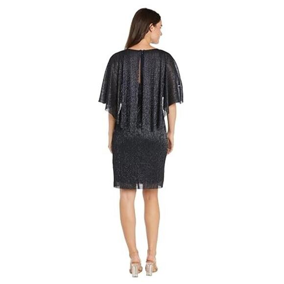 NWT Women’s Petite 6 Metallic Navy Cape Sleeve Cocktail Dress – Knee Length - Picture 4 of 4